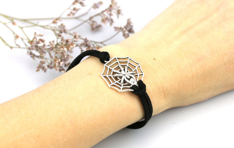 Spider charm bracelet Antique silver Spider web bangle Goth jewelry Teen boys girls gift Cobweb jewelry Friendship bracelet Faux suede cord image 2