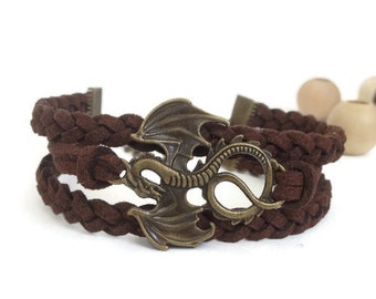 Dragon Bracelet Dark brown suede bracelet Antique bronze charm bracelet Friendship bracelet unisex Men dragon bracelet Women dragon bracelet