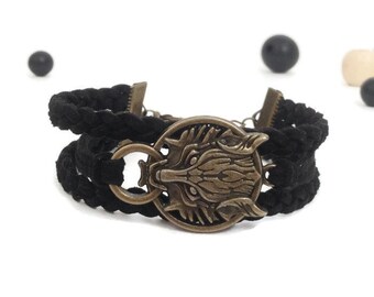 Wolf head bracelet Bronze wolf bracelet Black wolf bracelet Black suede bracelet Wolf charm bracelet Antique bronze wolf charm Men bracelet