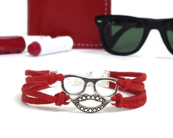 Sunglasses bracelet Glasses lips bracelet Summer red bracelet Kiss bracelet Glasses bracelet Suede bracelet Glasses lips jewelry, 15 colors
