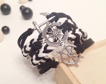 Anchor compass wheel bracelet Black white braided bracelet Marine bracelet Compass bracelet Wheel bracelet Friendship suede bracelet