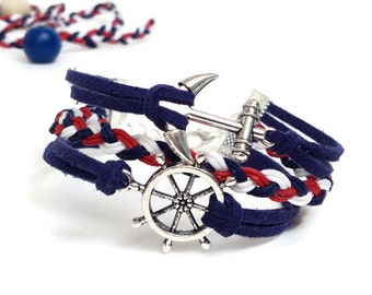 Nautical wedding bracelet Wheel anchor bracelet Anchor nautical bracelet Wheel bracelet Blue white red bracelet Fashion trend jewelry