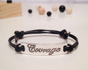 Courage Leather Adjustable Bracelet - Double Sided Stamped Bar Silver Color - Black, Red, Blue, Green, Dark Brown Leather Cord Bracelet