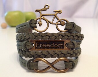 Bike bracelet Freedom infinity bracelet Dark green suede cord Bronze charm bracelet Friendship bracelet Gift for bicyclist Teens jewelry
