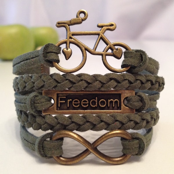 Bike bracelet Freedom infinity bracelet Dark green suede cord Bronze charm bracelet Friendship bracelet Gift for bicyclist Teens jewelry