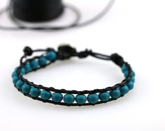 Teal wood beads bracelet Turquoise stacking bracelet Black leather cord Southwestern jewelry Teal single wrap bracelet Metal button closure