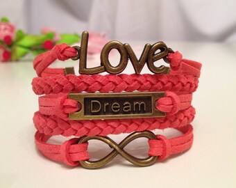 Love bracelet Dream bracelet Infinity  bracelet  Coral Red Charm Bracelet  Antique bronze charm Friendship bracelet Leather bracelet