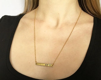 Personalized nameplate necklace Layering bar necklace gold tone Skinny bar necklace Hand stamped bar necklace Horizontal name bar engraved