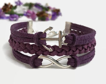 Infinity anchor bracelet Dark purple bracelet Silver anchor bracelet Purple infinity bracelet Sailor bracelet Valentine gift for girlfriend