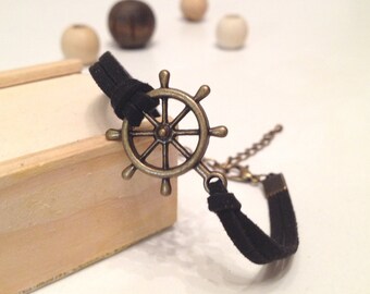 Bronze wheel bracelet 24 colors suede cord Marine wheel bracelet Antique bronze wheel charm bracelet for women Ship wheel bracelet for men