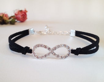 Bridal crystal infinity bracelet 24 colors suede cord bracelet Silver charm bracelet Dainty infinity bracelet Women bracelet Gift for her