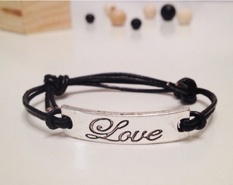 Love Leather Adjustable Bracelet - Double Sided Stamped Bar Silver Color - Black, Red, Blue, Green, Dark Brown Leather Cord Bracelet