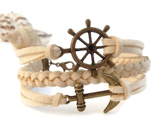Wheel anchor bracelet Marine wedding Beige braided bracelet Bronze anchor bracelet Silver anchor bracelet Nautical sailor bracelet men women