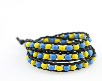 Triple wrap leather bracelet Wood bead bracelet Ukraine blue yellow beaded bracelet Ukraine colors jewelry Leather cord wrap bracelet unisex