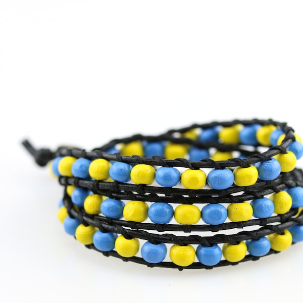 Triple wrap leather bracelet Wood bead bracelet Ukraine blue yellow beaded bracelet Ukraine colors jewelry Leather cord wrap bracelet unisex