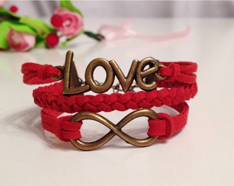 Love Bracelet Infinity Bracelet Red Bracelet Charm Bracelet Antique Bronze Charms Bracelet Friendship bracelet Leather bracelet