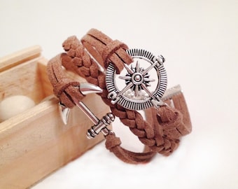 Compass bracelet  Anchor bracelet Light Brown Bracelet Charm Bracelet Antique Silver Charms Bracelet Friendship bracelet Leather bracelet