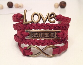 Love bracelet Best friend bracelet Infinity bracelet Marsala Bordo bracelet Charm Bracelet Bronze charm Friendship bracelet Leather bracelet