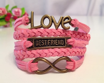 Love bracelet Best friend bracelet Infinity  braceletPink bracelet Charm Bracelet Bronze charm Friendship bracelet Leather bracelet