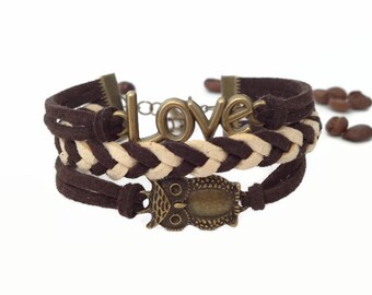 Coffee bracelet Owl love bracelet Brown and creamy bracelet Owl lover gift Gift under 10 dollar Love owl jewelry Cute gift for girl Owl item