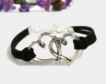 Two hearts bracelet Silver hearts bracelet Suede cord heart bracelet Heart love bracelet Valentine jewelry Gift for her Gift for him