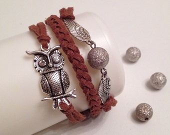 Owl Wings Bracelet Crystal Eyes Owl Light Brown Bracelet Charm Bracelet Antique Silver Charms Bracelet Friendship bracelet Leather bracelet