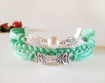 Little Owl Bracelet Wings Bracelet Mint green bracelet Mint suede bracelet Silver charm bracelet Friendship bracelet Leather bracelet