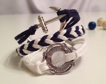 Anchor Life Ring Bracelet Navy Blue and White Bracelet Antique Silver Charms Friendship bracelet Leather bracelet