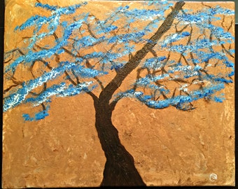 Painting, Tree with blue and white flower petals, - Physical Original, Acrylic Painting, wall art, handmade, gift