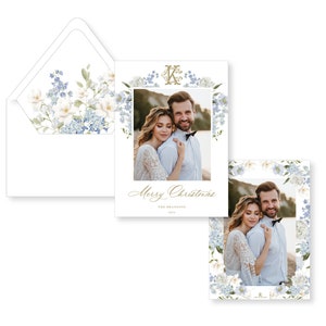 Wedding Floral Crest Personalized Christmas Holiday Photo Card, Euro Flap Envelopes Included
