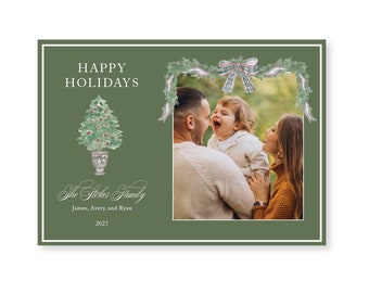 Christmas Wreath and Tree Watercolor, Merry Christmas Personalized Christmas Holiday Photo Card, Euro Flap Envelopes