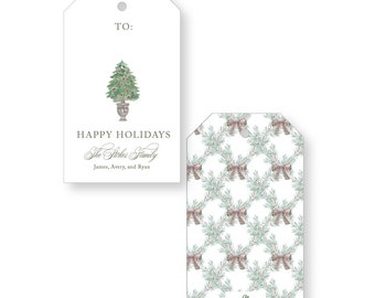 Merry Christmas Gift Tag, Watercolor Christmas Tree, Personalized, Set of 12