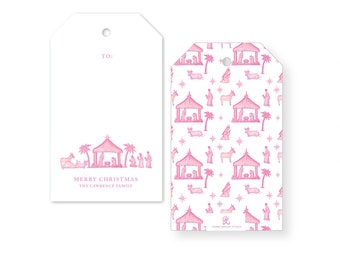 Pink Watercolored Nativity, Personalized Gift Tags, Merry Christmas Gift Tag, Set of 12