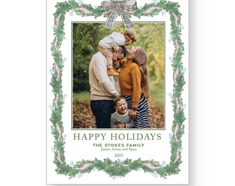 Christmas Wreath and Tree Watercolor, Merry Christmas Personalized Christmas Holiday Photo Card, Euro Flap Envelopes