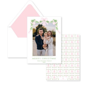 Green and Pink Bow Wreath, Personalized Christmas Holiday Photo Card, Euro Flap Envelopes Included