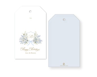 Wedding Floral Blue and White Wreath, Happy Holidays Personalized Gift Tag, Set of 12