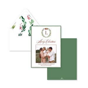 Christmas Wreath Monogram Watercolor, Merry Christmas Personalized Christmas Holiday Photo Card, Euro Flap Envelopes