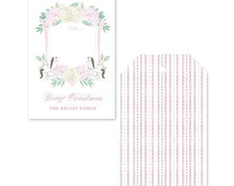 Baby Pink Watercolor Floral Crest Personalized Gift Tags, Merry Christmas Gift Tag, Set of 12