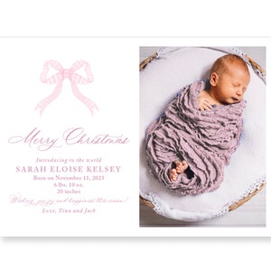 Baby Girl Birth Announcement, Christmas Holiday Photo Card, Watercolor Bow Baby, Euro Flap Envelopes