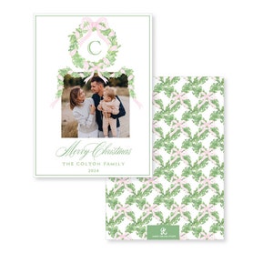 Green and Pink Bow Wreath, Personalized Christmas Holiday Photo Card, Euro Flap Envelopes Included