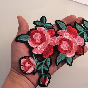 Iron on embroidered rose patch applique flower red roses vintage sewing supplies flowers fashion patch hotfix diy