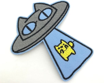 Iron on patch cat alien UFO,embroidered applique diy , patches funny kitty space, gift school for kids .