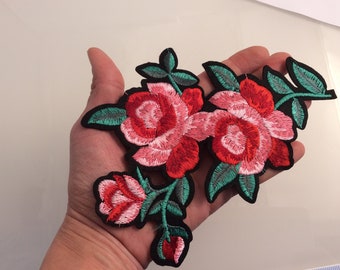 Iron on embroidered rose patch applique flower red roses vintage sewing supplies flowers fashion patch hotfix diy