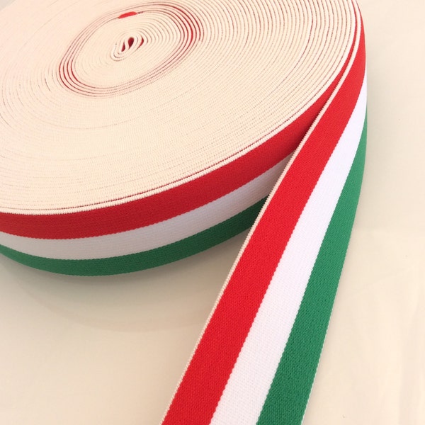 Ruban élastique drapeau italien 40 mm. Vert blanc et rouge. Décoration mode pour sacs, chaussures, ceintures, pantalons et pulls