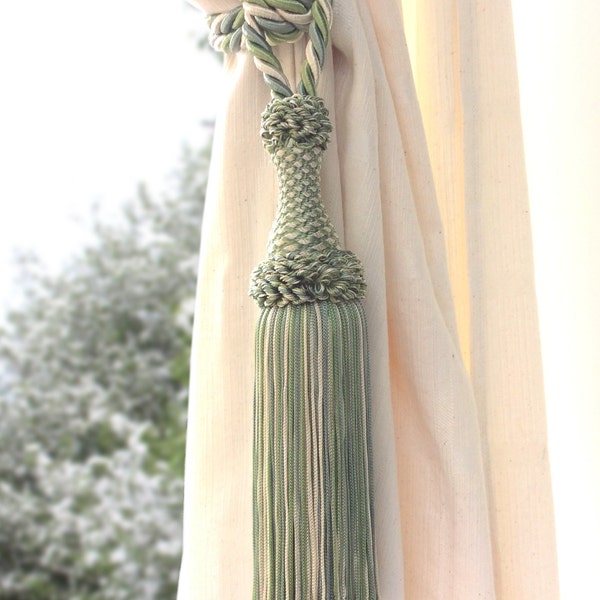 Luxury big mix green cream tie back with tassel.Elegant drapery for window curtain handmade italian tuscany drapery decor Window treatments