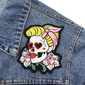 Patch pin up girl sugar skull embroidered diy patches pinup tattoo retro 50s badge reel fashion rockabilly girls power black pack jacket