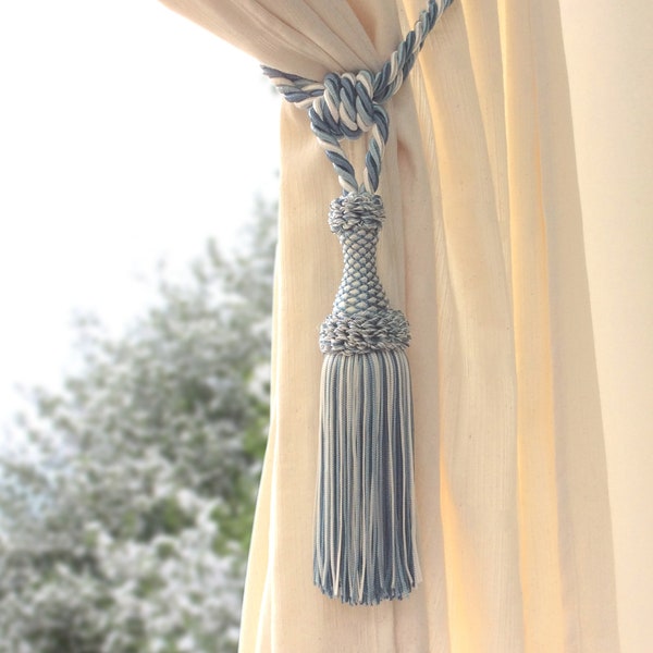 Luxury big mix light blue white tie back with tassel.Elegant drapery for window curtain handmade italian tuscany drapery decor