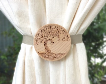 1 magnetic curtain tiebacks. Beech wood Tree engraved decoration. Original handmade gift for everyone who loves home decor.