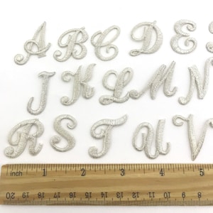 Iron on embroidered cursive letters silver applique craft supplise diy machine embroidery 1" inch monogram patch alphabet for name school.