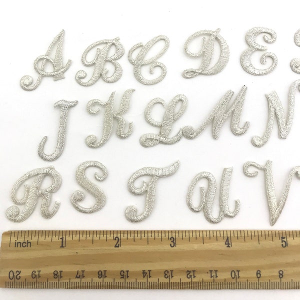 Iron on embroidered cursive letters silver applique craft supplise diy machine embroidery 1" inch monogram patch alphabet for name school.